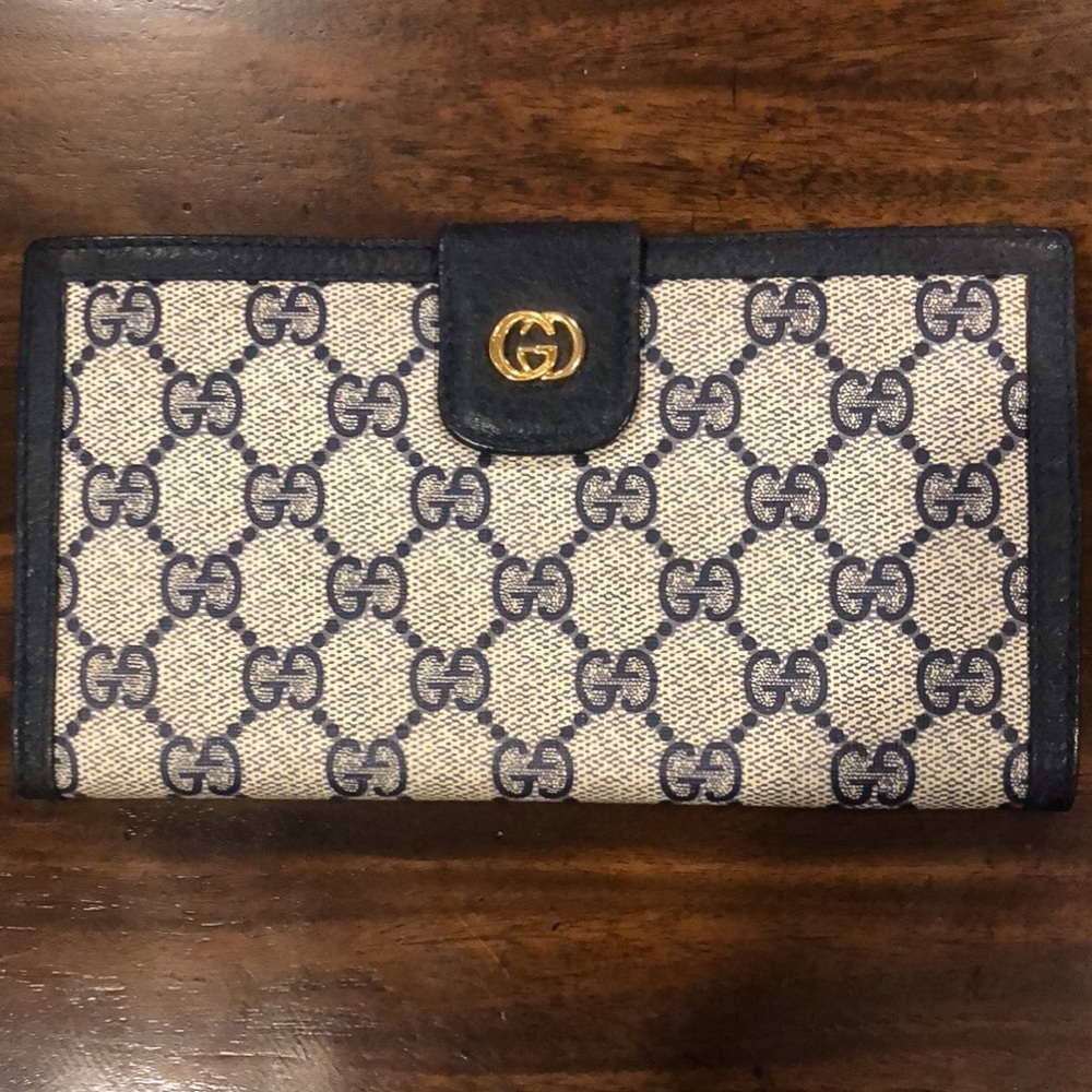 GUCCI GG Monogram Navy Blue Leather Coated Canvas Long Bifold Wallet Vintage